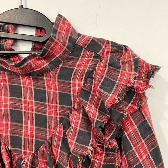 Zara Women's Gingham Tiered Bib Long Sleeves Mock Neck Top Red/Black Size M - Picture 7 of 7